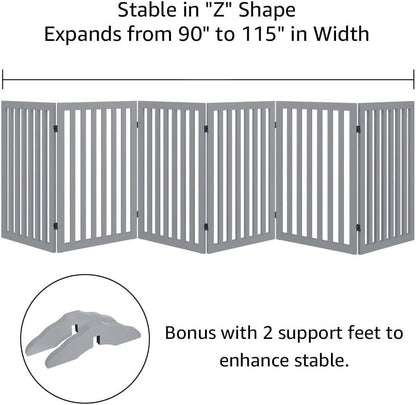 36”H Free Standing Pet Gate for Dog, Tall Wooden Dog Gate, 80” Wide | Foldable Pet Fence for Doorway, Stairs, Step, Expandable Doggy Barrier, Room Divider, Indoor Use, White