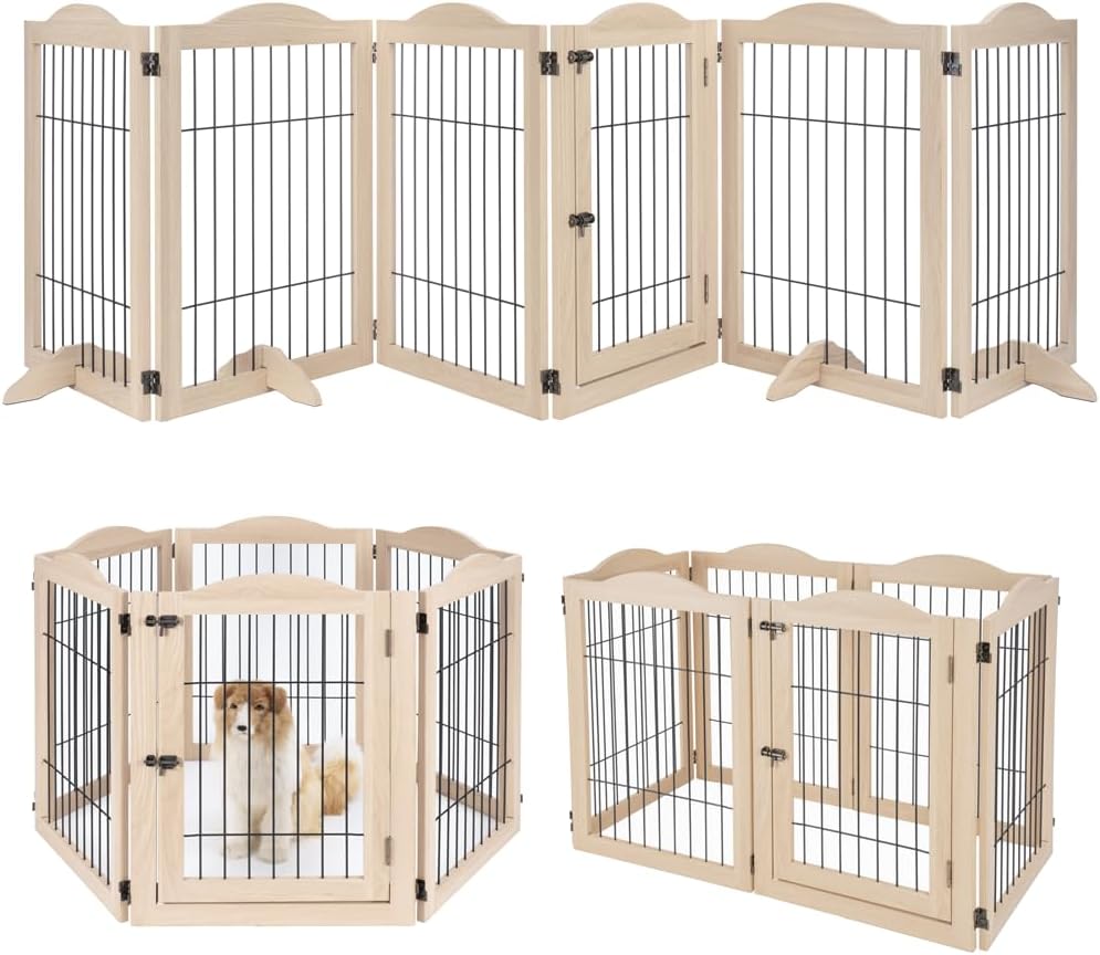 36”H Free Standing Pet Gate for Dog, Tall Wooden Dog Gate, 80” Wide | Foldable Pet Fence for Doorway, Stairs, Step, Expandable Doggy Barrier, Room Divider, Indoor Use, White