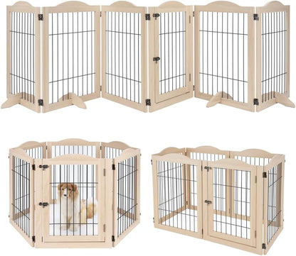 36”H Free Standing Pet Gate for Dog, Tall Wooden Dog Gate, 80” Wide | Foldable Pet Fence for Doorway, Stairs, Step, Expandable Doggy Barrier, Room Divider, Indoor Use, White