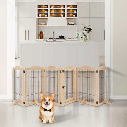 36”H Free Standing Pet Gate for Dog, Tall Wooden Dog Gate, 80” Wide | Foldable Pet Fence for Doorway, Stairs, Step, Expandable Doggy Barrier, Room Divider, Indoor Use, White