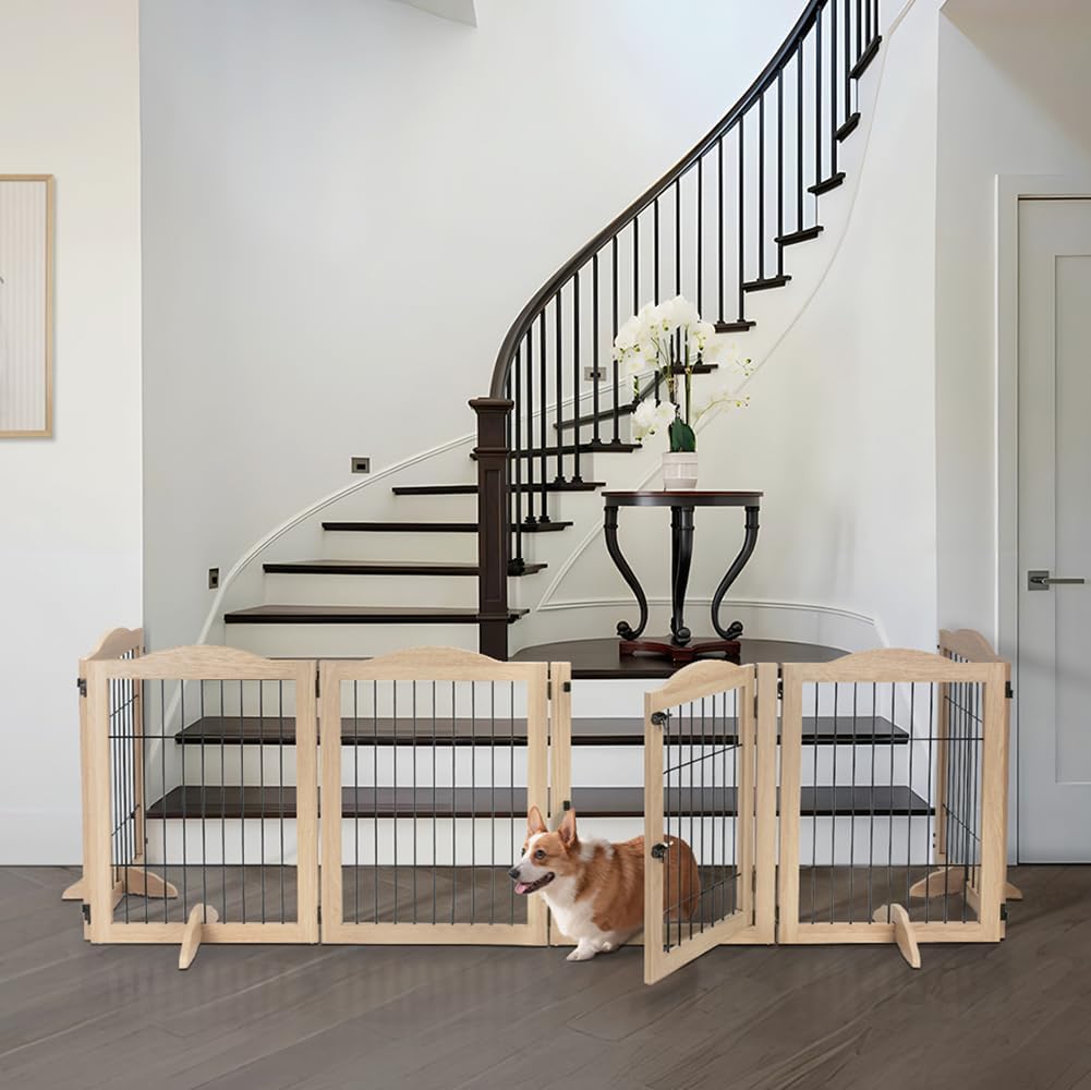 36”H Free Standing Pet Gate for Dog, Tall Wooden Dog Gate, 80” Wide | Foldable Pet Fence for Doorway, Stairs, Step, Expandable Doggy Barrier, Room Divider, Indoor Use, White