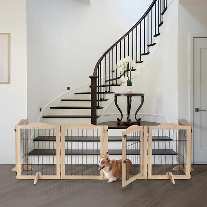 36”H Free Standing Pet Gate for Dog, Tall Wooden Dog Gate, 80” Wide | Foldable Pet Fence for Doorway, Stairs, Step, Expandable Doggy Barrier, Room Divider, Indoor Use, White