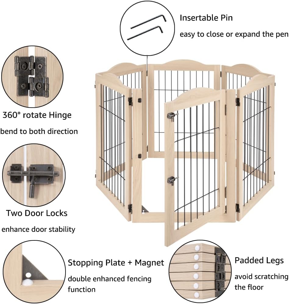 36”H Free Standing Pet Gate for Dog, Tall Wooden Dog Gate, 80” Wide | Foldable Pet Fence for Doorway, Stairs, Step, Expandable Doggy Barrier, Room Divider, Indoor Use, White