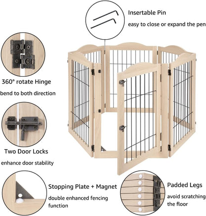 36”H Free Standing Pet Gate for Dog, Tall Wooden Dog Gate, 80” Wide | Foldable Pet Fence for Doorway, Stairs, Step, Expandable Doggy Barrier, Room Divider, Indoor Use, White