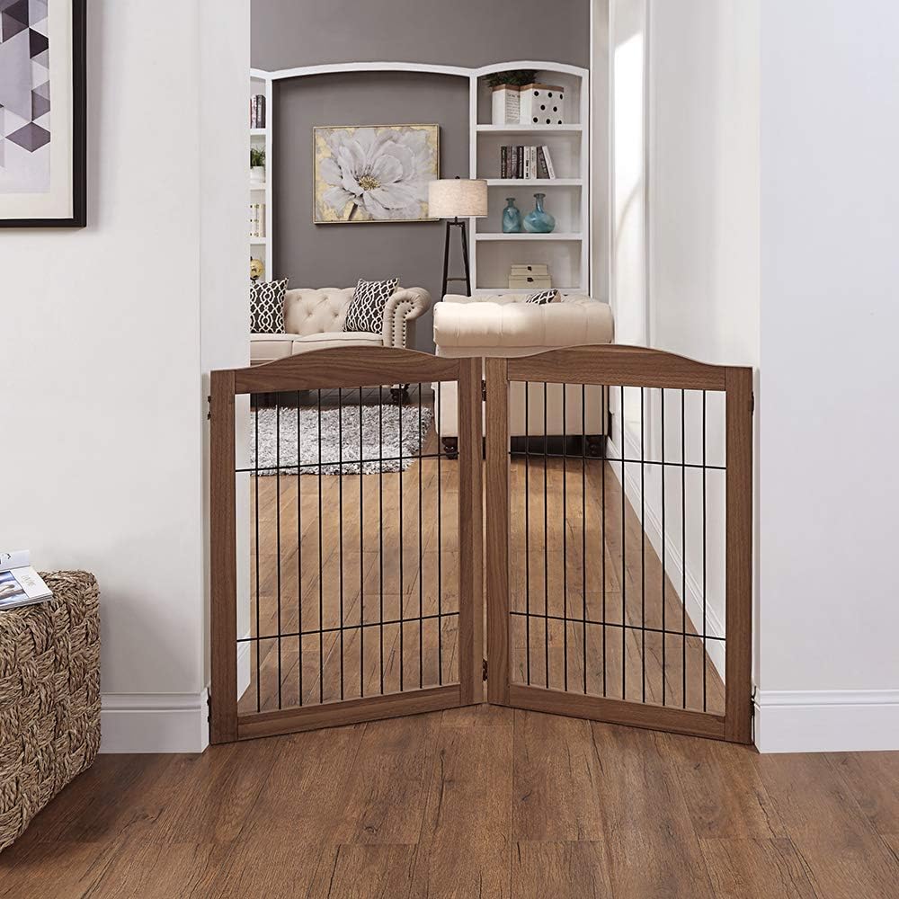 36”H Free Standing Pet Gate for Dog, Tall Wooden Dog Gate, 80” Wide | Foldable Pet Fence for Doorway, Stairs, Step, Expandable Doggy Barrier, Room Divider, Indoor Use, White