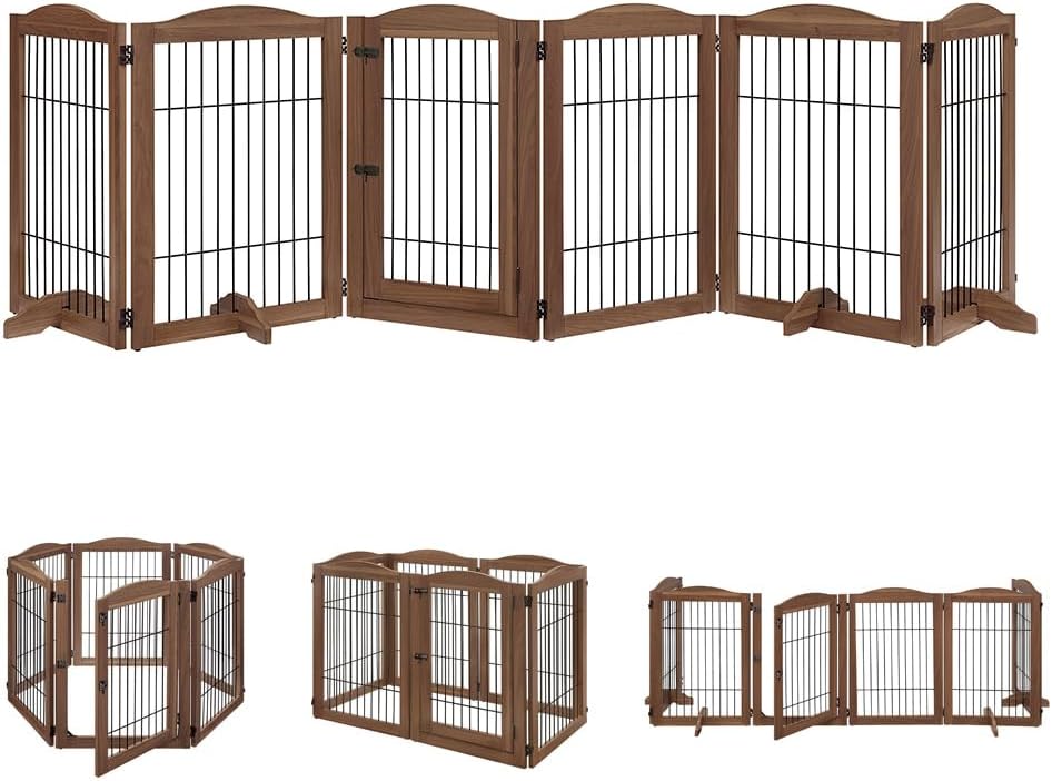 36”H Free Standing Pet Gate for Dog, Tall Wooden Dog Gate, 80” Wide | Foldable Pet Fence for Doorway, Stairs, Step, Expandable Doggy Barrier, Room Divider, Indoor Use, White