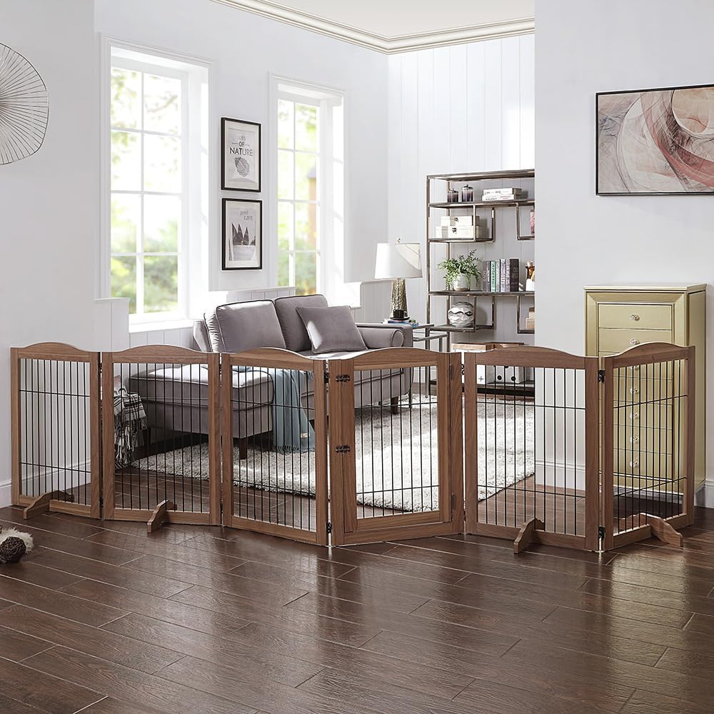 36”H Free Standing Pet Gate for Dog, Tall Wooden Dog Gate, 80” Wide | Foldable Pet Fence for Doorway, Stairs, Step, Expandable Doggy Barrier, Room Divider, Indoor Use, White