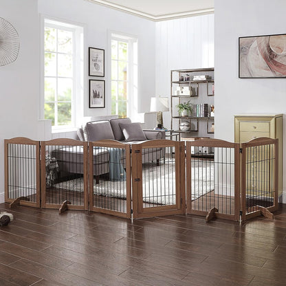 36”H Free Standing Pet Gate for Dog, Tall Wooden Dog Gate, 80” Wide | Foldable Pet Fence for Doorway, Stairs, Step, Expandable Doggy Barrier, Room Divider, Indoor Use, White