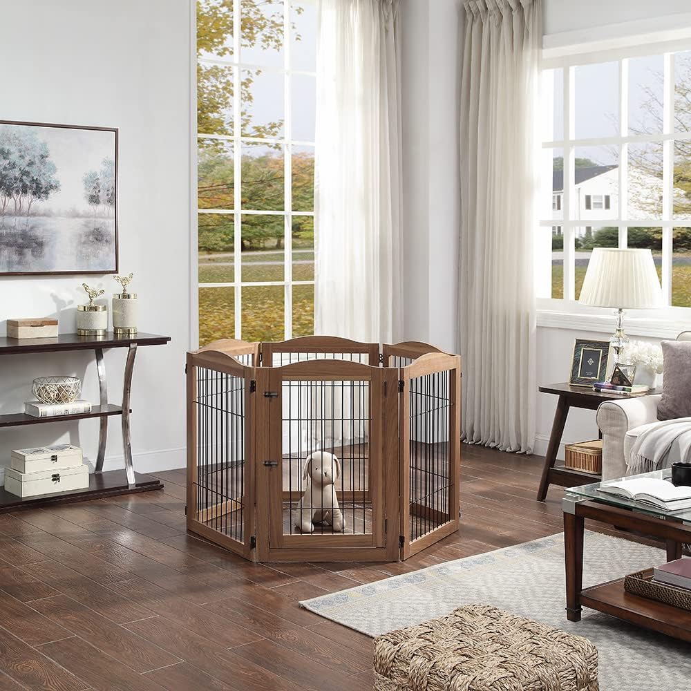36”H Free Standing Pet Gate for Dog, Tall Wooden Dog Gate, 80” Wide | Foldable Pet Fence for Doorway, Stairs, Step, Expandable Doggy Barrier, Room Divider, Indoor Use, White