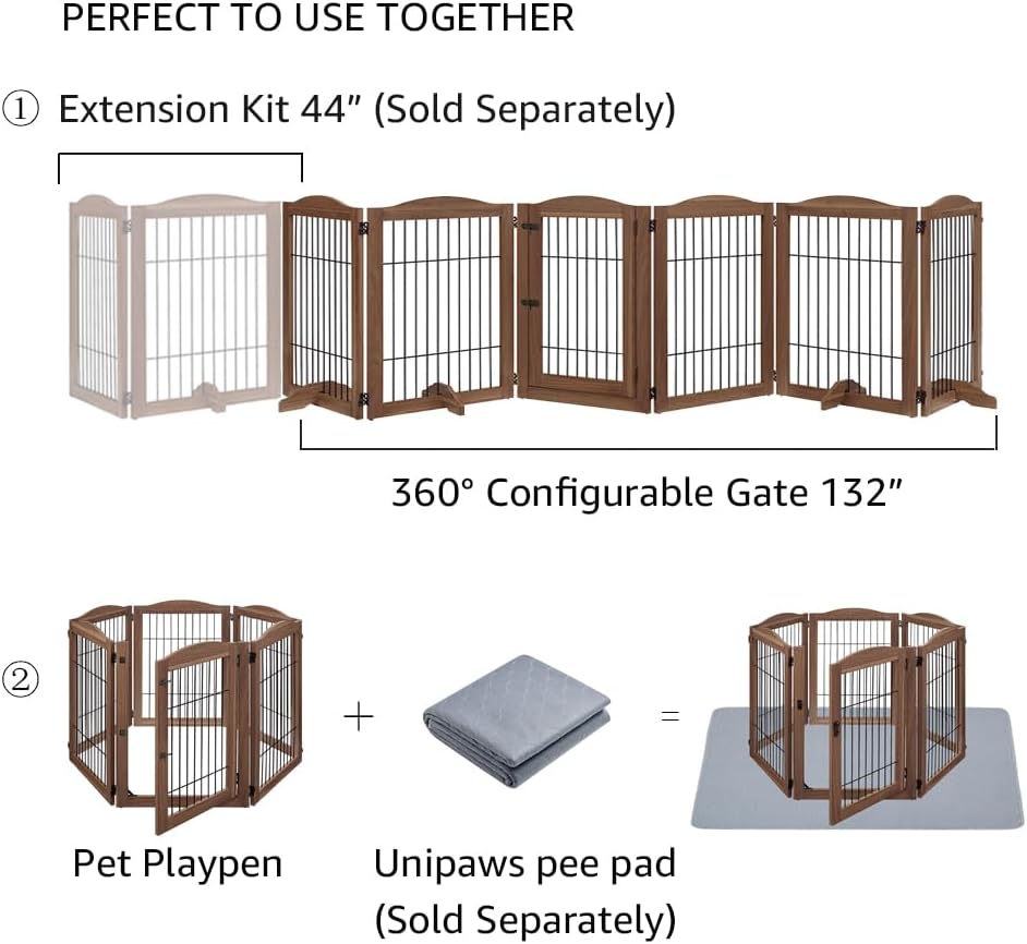 36”H Free Standing Pet Gate for Dog, Tall Wooden Dog Gate, 80” Wide | Foldable Pet Fence for Doorway, Stairs, Step, Expandable Doggy Barrier, Room Divider, Indoor Use, White