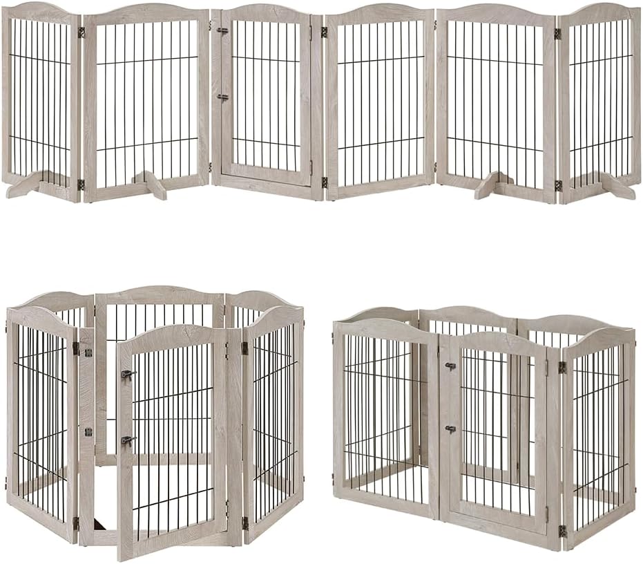 36”H Free Standing Pet Gate for Dog, Tall Wooden Dog Gate, 80” Wide | Foldable Pet Fence for Doorway, Stairs, Step, Expandable Doggy Barrier, Room Divider, Indoor Use, White