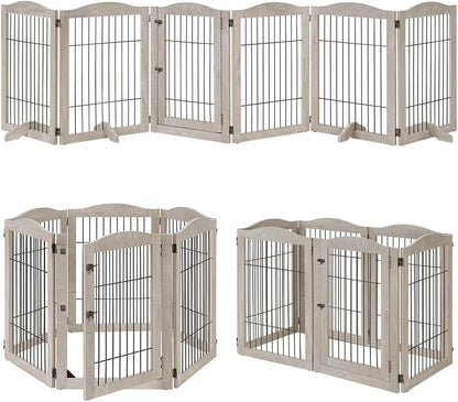 36”H Free Standing Pet Gate for Dog, Tall Wooden Dog Gate, 80” Wide | Foldable Pet Fence for Doorway, Stairs, Step, Expandable Doggy Barrier, Room Divider, Indoor Use, White
