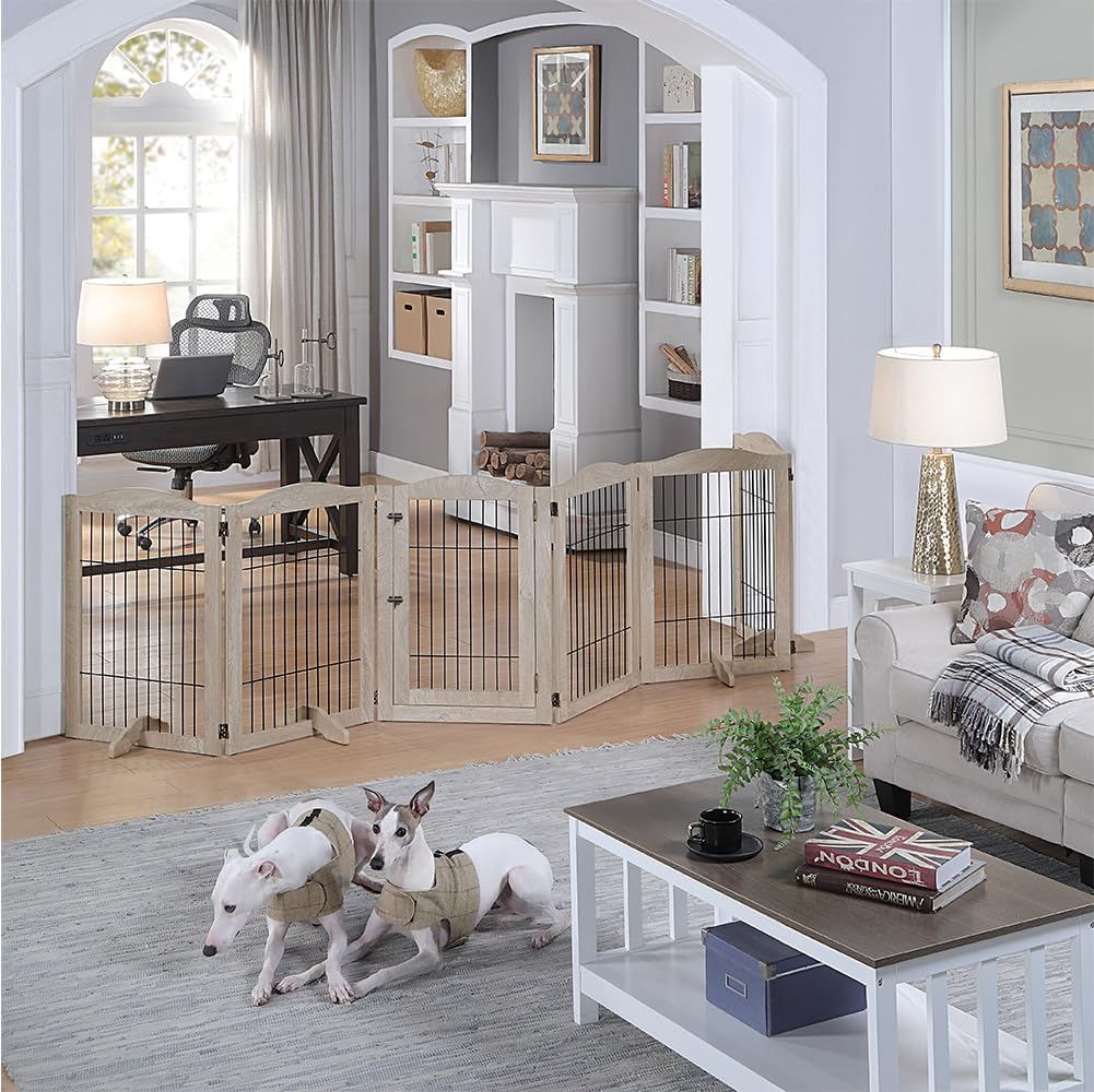 36”H Free Standing Pet Gate for Dog, Tall Wooden Dog Gate, 80” Wide | Foldable Pet Fence for Doorway, Stairs, Step, Expandable Doggy Barrier, Room Divider, Indoor Use, White