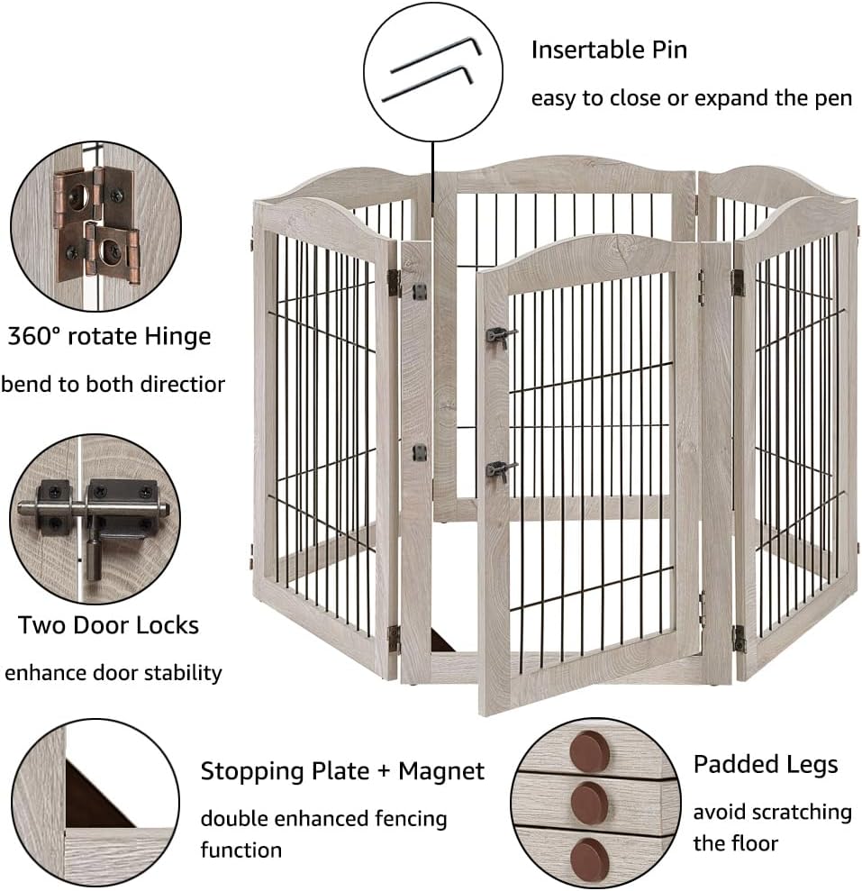 36”H Free Standing Pet Gate for Dog, Tall Wooden Dog Gate, 80” Wide | Foldable Pet Fence for Doorway, Stairs, Step, Expandable Doggy Barrier, Room Divider, Indoor Use, White