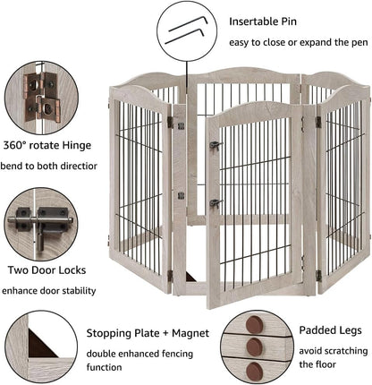 36”H Free Standing Pet Gate for Dog, Tall Wooden Dog Gate, 80” Wide | Foldable Pet Fence for Doorway, Stairs, Step, Expandable Doggy Barrier, Room Divider, Indoor Use, White