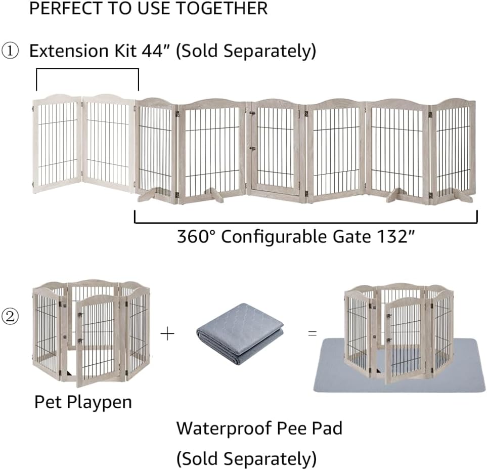 36”H Free Standing Pet Gate for Dog, Tall Wooden Dog Gate, 80” Wide | Foldable Pet Fence for Doorway, Stairs, Step, Expandable Doggy Barrier, Room Divider, Indoor Use, White