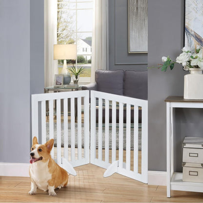 36”H Free Standing Pet Gate for Dog, Tall Wooden Dog Gate, 80” Wide | Foldable Pet Fence for Doorway, Stairs, Step, Expandable Doggy Barrier, Room Divider, Indoor Use, White