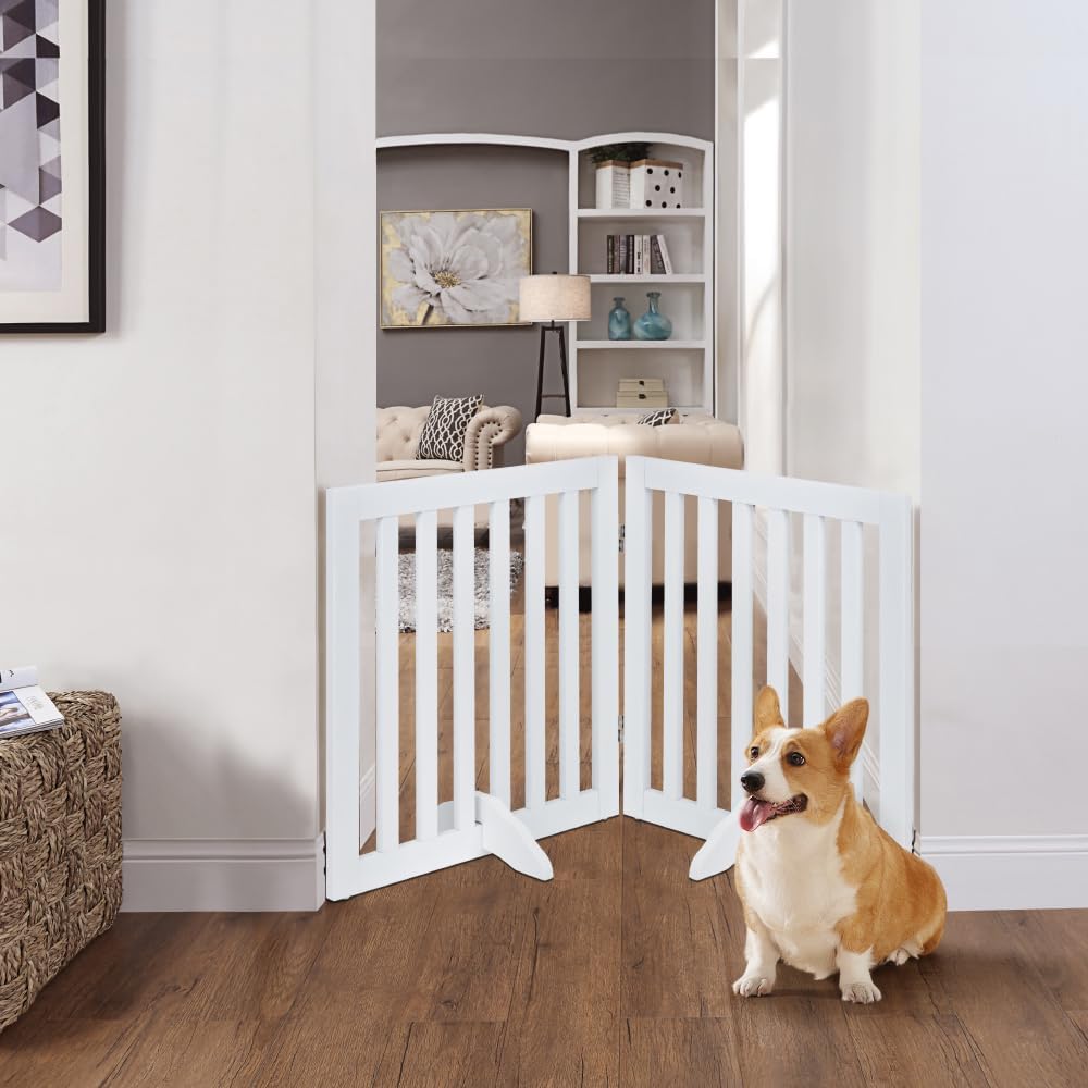 36”H Free Standing Pet Gate for Dog, Tall Wooden Dog Gate, 80” Wide | Foldable Pet Fence for Doorway, Stairs, Step, Expandable Doggy Barrier, Room Divider, Indoor Use, White