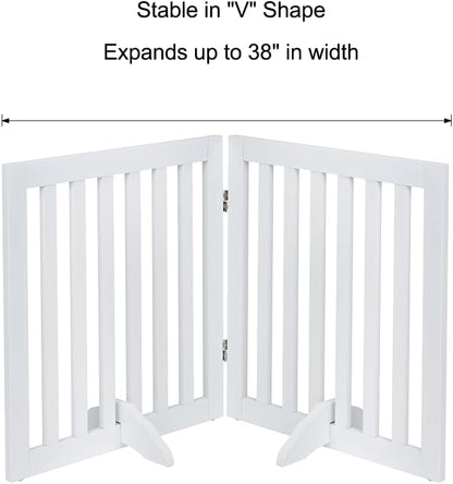 36”H Free Standing Pet Gate for Dog, Tall Wooden Dog Gate, 80” Wide | Foldable Pet Fence for Doorway, Stairs, Step, Expandable Doggy Barrier, Room Divider, Indoor Use, White
