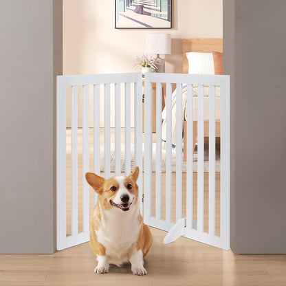36”H Free Standing Pet Gate for Dog, Tall Wooden Dog Gate, 80” Wide | Foldable Pet Fence for Doorway, Stairs, Step, Expandable Doggy Barrier, Room Divider, Indoor Use, White