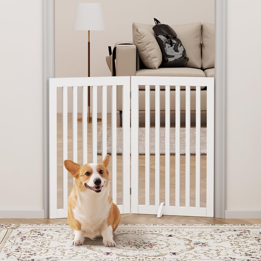 36”H Free Standing Pet Gate for Dog, Tall Wooden Dog Gate, 80” Wide | Foldable Pet Fence for Doorway, Stairs, Step, Expandable Doggy Barrier, Room Divider, Indoor Use, White