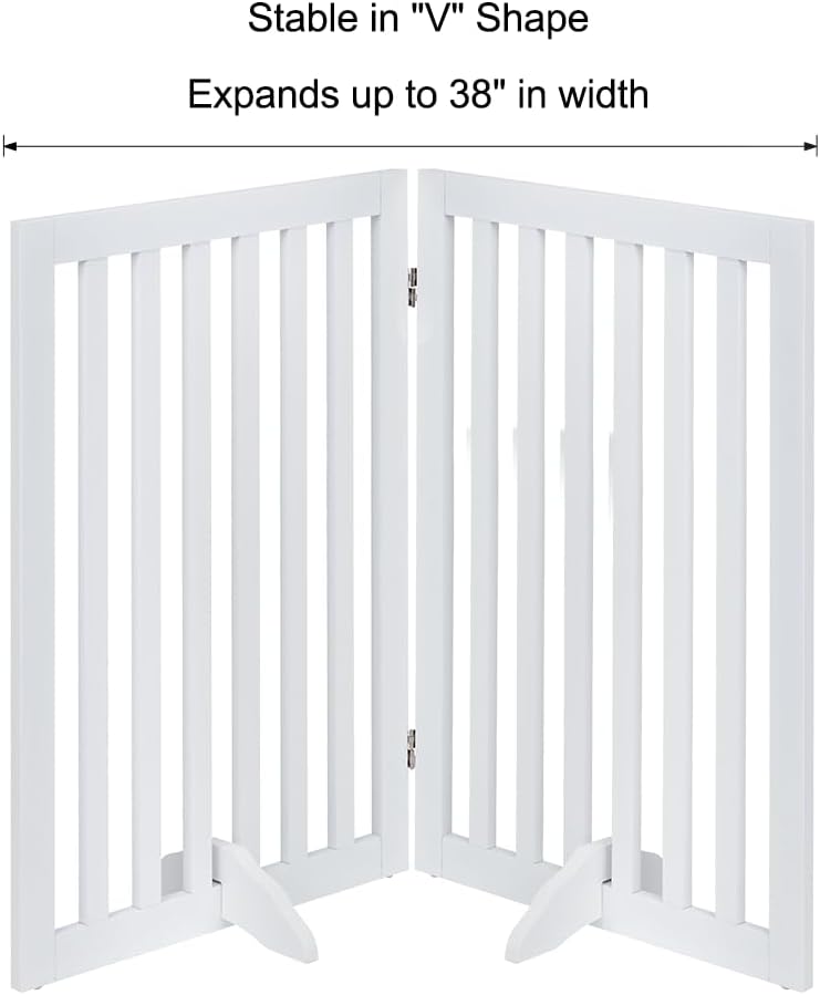 36”H Free Standing Pet Gate for Dog, Tall Wooden Dog Gate, 80” Wide | Foldable Pet Fence for Doorway, Stairs, Step, Expandable Doggy Barrier, Room Divider, Indoor Use, White
