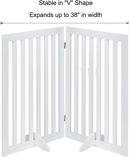 36”H Free Standing Pet Gate for Dog, Tall Wooden Dog Gate, 80” Wide | Foldable Pet Fence for Doorway, Stairs, Step, Expandable Doggy Barrier, Room Divider, Indoor Use, White