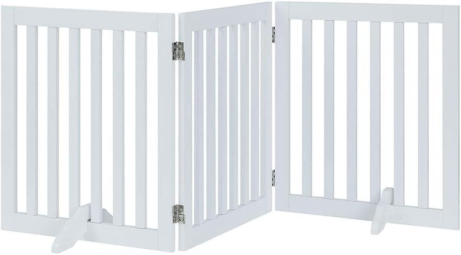 36”H Free Standing Pet Gate for Dog, Tall Wooden Dog Gate, 80” Wide | Foldable Pet Fence for Doorway, Stairs, Step, Expandable Doggy Barrier, Room Divider, Indoor Use, White