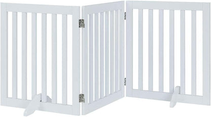 36”H Free Standing Pet Gate for Dog, Tall Wooden Dog Gate, 80” Wide | Foldable Pet Fence for Doorway, Stairs, Step, Expandable Doggy Barrier, Room Divider, Indoor Use, White