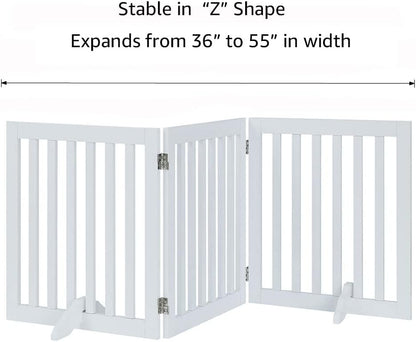 36”H Free Standing Pet Gate for Dog, Tall Wooden Dog Gate, 80” Wide | Foldable Pet Fence for Doorway, Stairs, Step, Expandable Doggy Barrier, Room Divider, Indoor Use, White