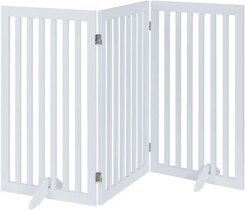 36”H Free Standing Pet Gate for Dog, Tall Wooden Dog Gate, 80” Wide | Foldable Pet Fence for Doorway, Stairs, Step, Expandable Doggy Barrier, Room Divider, Indoor Use, White