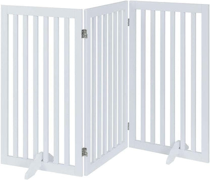 36”H Free Standing Pet Gate for Dog, Tall Wooden Dog Gate, 80” Wide | Foldable Pet Fence for Doorway, Stairs, Step, Expandable Doggy Barrier, Room Divider, Indoor Use, White