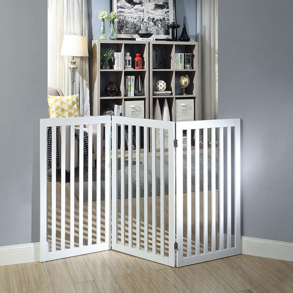 36”H Free Standing Pet Gate for Dog, Tall Wooden Dog Gate, 80” Wide | Foldable Pet Fence for Doorway, Stairs, Step, Expandable Doggy Barrier, Room Divider, Indoor Use, White