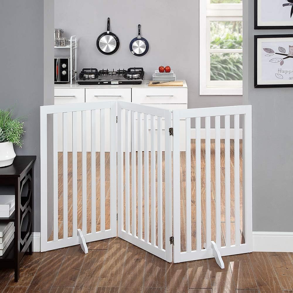 36”H Free Standing Pet Gate for Dog, Tall Wooden Dog Gate, 80” Wide | Foldable Pet Fence for Doorway, Stairs, Step, Expandable Doggy Barrier, Room Divider, Indoor Use, White