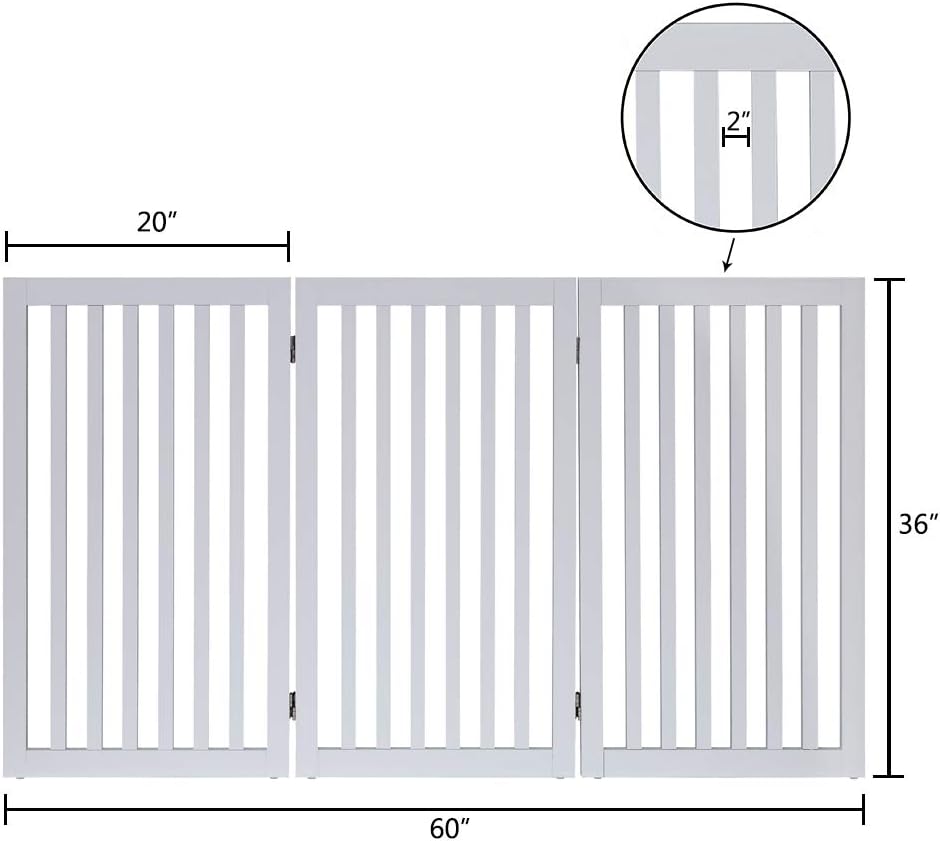 36”H Free Standing Pet Gate for Dog, Tall Wooden Dog Gate, 80” Wide | Foldable Pet Fence for Doorway, Stairs, Step, Expandable Doggy Barrier, Room Divider, Indoor Use, White
