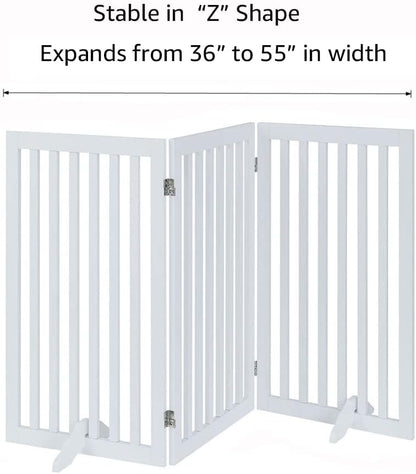36”H Free Standing Pet Gate for Dog, Tall Wooden Dog Gate, 80” Wide | Foldable Pet Fence for Doorway, Stairs, Step, Expandable Doggy Barrier, Room Divider, Indoor Use, White