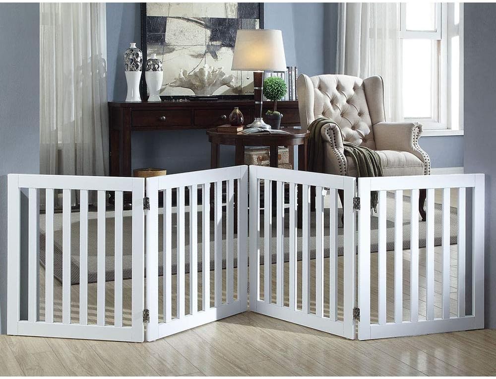36”H Free Standing Pet Gate for Dog, Tall Wooden Dog Gate, 80” Wide | Foldable Pet Fence for Doorway, Stairs, Step, Expandable Doggy Barrier, Room Divider, Indoor Use, White