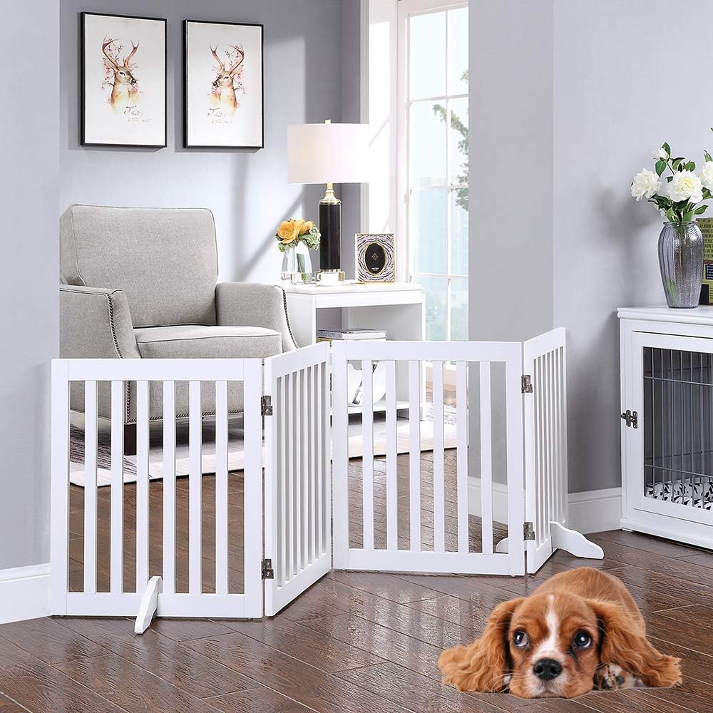 36”H Free Standing Pet Gate for Dog, Tall Wooden Dog Gate, 80” Wide | Foldable Pet Fence for Doorway, Stairs, Step, Expandable Doggy Barrier, Room Divider, Indoor Use, White