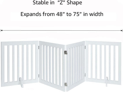 36”H Free Standing Pet Gate for Dog, Tall Wooden Dog Gate, 80” Wide | Foldable Pet Fence for Doorway, Stairs, Step, Expandable Doggy Barrier, Room Divider, Indoor Use, White