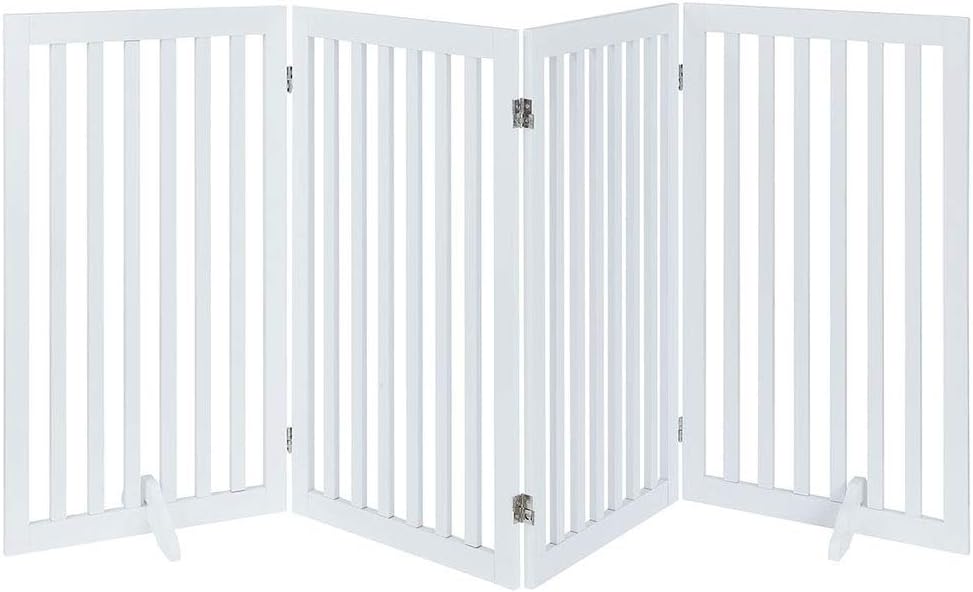 36”H Free Standing Pet Gate for Dog, Tall Wooden Dog Gate, 80” Wide | Foldable Pet Fence for Doorway, Stairs, Step, Expandable Doggy Barrier, Room Divider, Indoor Use, White