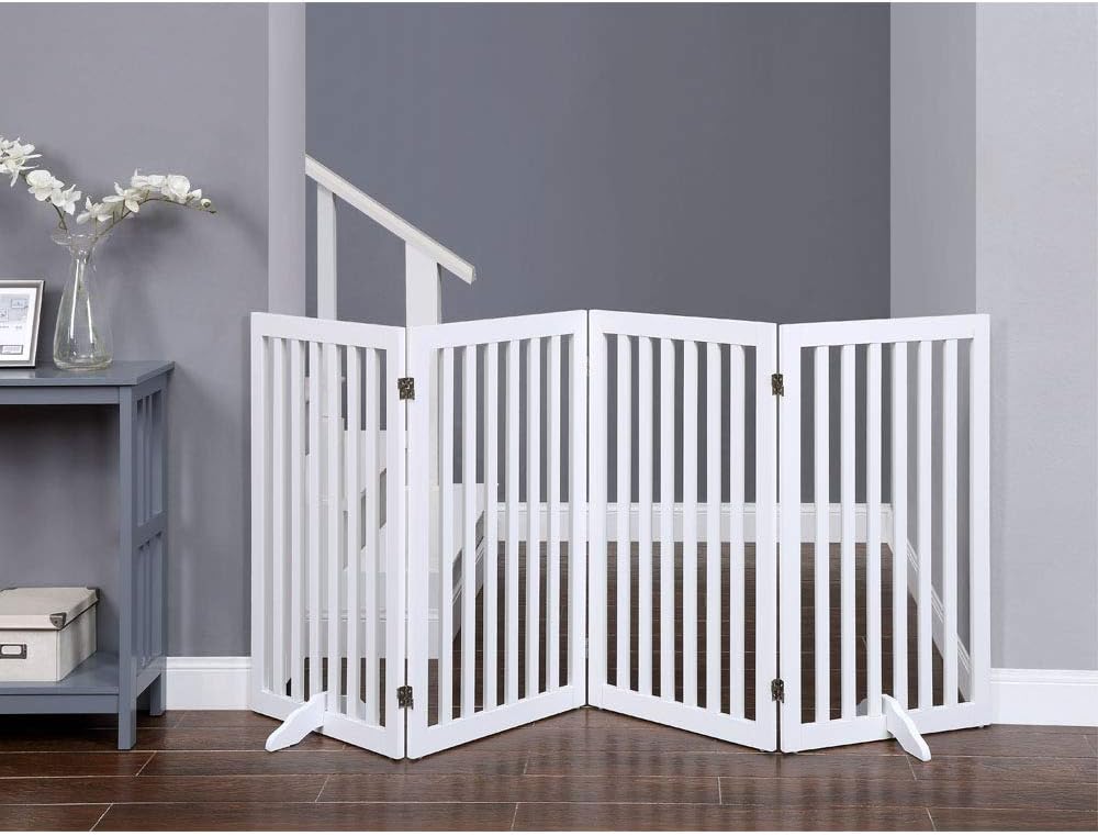 36”H Free Standing Pet Gate for Dog, Tall Wooden Dog Gate, 80” Wide | Foldable Pet Fence for Doorway, Stairs, Step, Expandable Doggy Barrier, Room Divider, Indoor Use, White