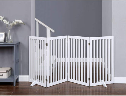 36”H Free Standing Pet Gate for Dog, Tall Wooden Dog Gate, 80” Wide | Foldable Pet Fence for Doorway, Stairs, Step, Expandable Doggy Barrier, Room Divider, Indoor Use, White
