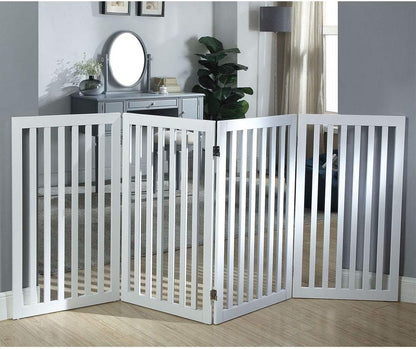 36”H Free Standing Pet Gate for Dog, Tall Wooden Dog Gate, 80” Wide | Foldable Pet Fence for Doorway, Stairs, Step, Expandable Doggy Barrier, Room Divider, Indoor Use, White