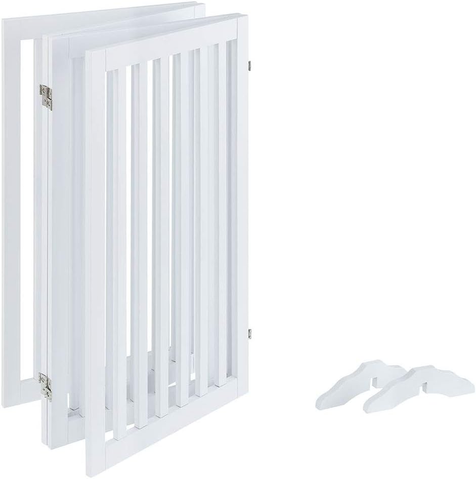 36”H Free Standing Pet Gate for Dog, Tall Wooden Dog Gate, 80” Wide | Foldable Pet Fence for Doorway, Stairs, Step, Expandable Doggy Barrier, Room Divider, Indoor Use, White