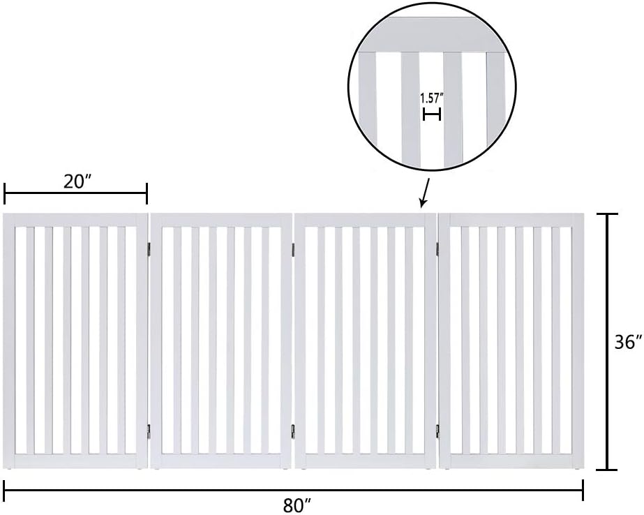 36”H Free Standing Pet Gate for Dog, Tall Wooden Dog Gate, 80” Wide | Foldable Pet Fence for Doorway, Stairs, Step, Expandable Doggy Barrier, Room Divider, Indoor Use, White