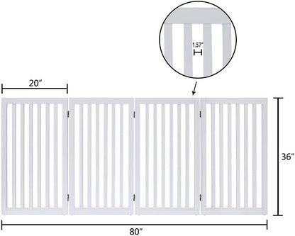 36”H Free Standing Pet Gate for Dog, Tall Wooden Dog Gate, 80” Wide | Foldable Pet Fence for Doorway, Stairs, Step, Expandable Doggy Barrier, Room Divider, Indoor Use, White