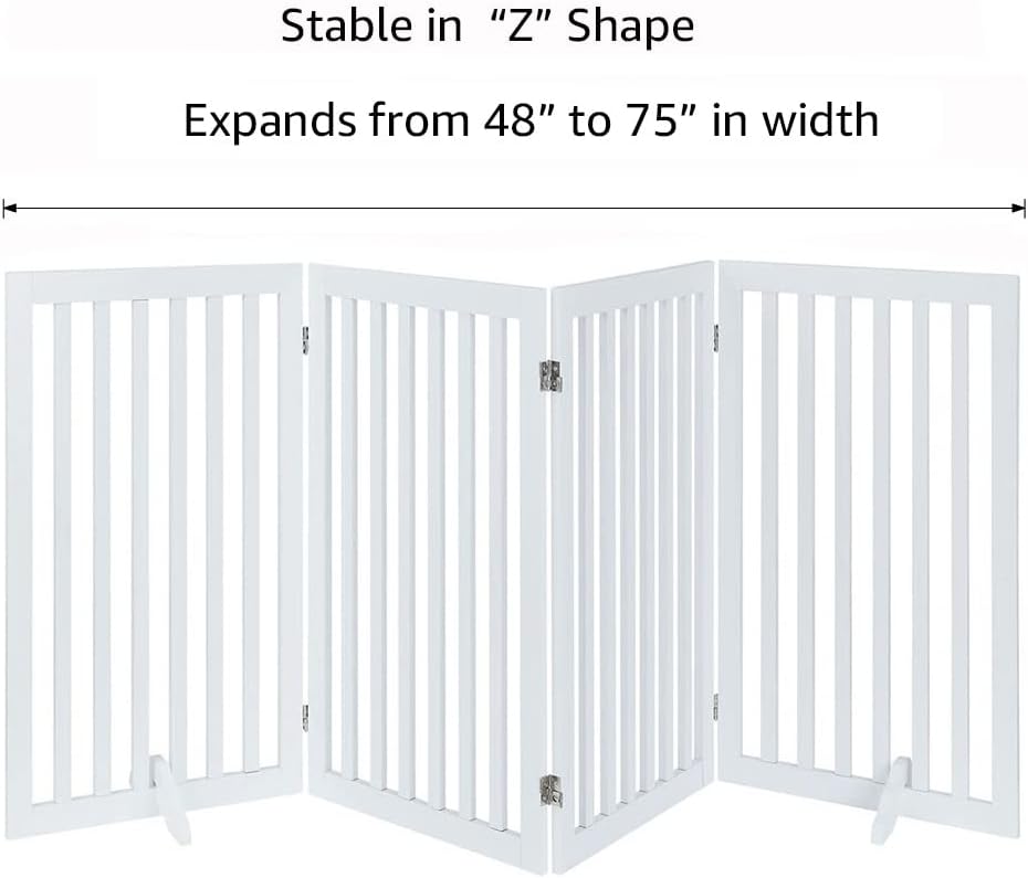 36”H Free Standing Pet Gate for Dog, Tall Wooden Dog Gate, 80” Wide | Foldable Pet Fence for Doorway, Stairs, Step, Expandable Doggy Barrier, Room Divider, Indoor Use, White