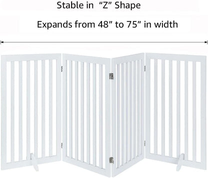 36”H Free Standing Pet Gate for Dog, Tall Wooden Dog Gate, 80” Wide | Foldable Pet Fence for Doorway, Stairs, Step, Expandable Doggy Barrier, Room Divider, Indoor Use, White