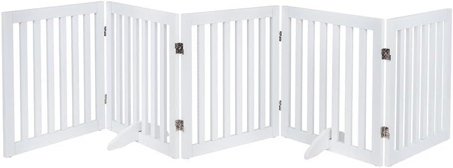36”H Free Standing Pet Gate for Dog, Tall Wooden Dog Gate, 80” Wide | Foldable Pet Fence for Doorway, Stairs, Step, Expandable Doggy Barrier, Room Divider, Indoor Use, White