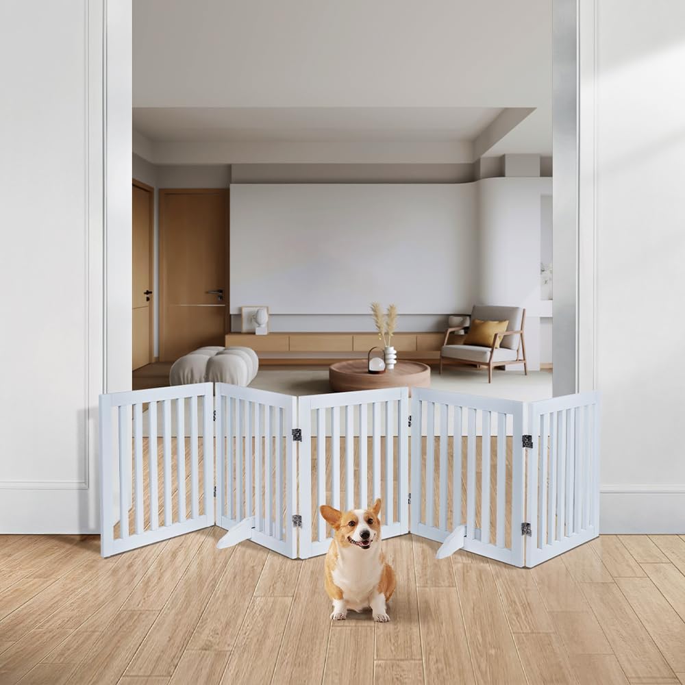 36”H Free Standing Pet Gate for Dog, Tall Wooden Dog Gate, 80” Wide | Foldable Pet Fence for Doorway, Stairs, Step, Expandable Doggy Barrier, Room Divider, Indoor Use, White